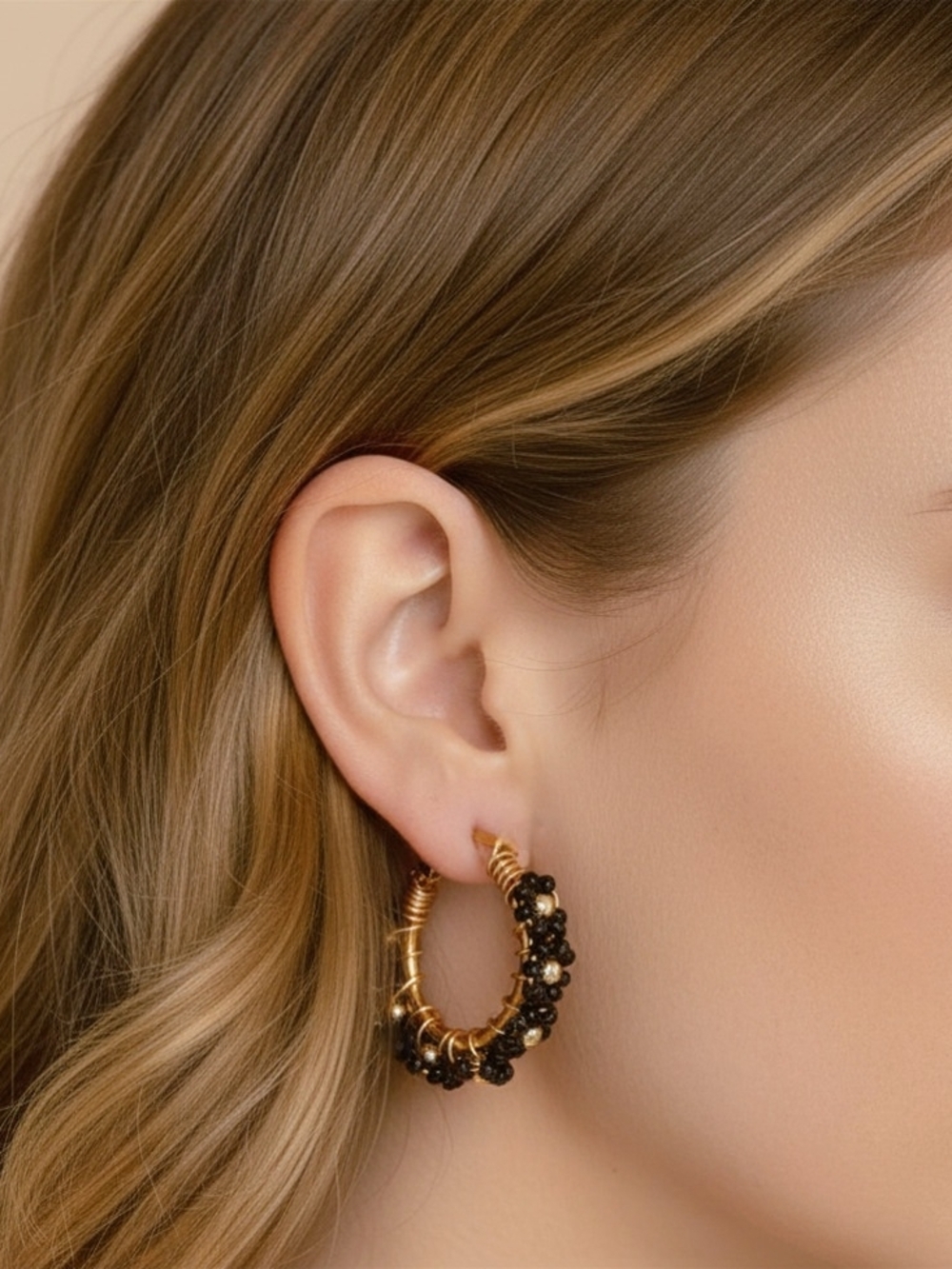 Gold and Black Beaded Hoop Earrings - Women Jewelry - Picture 2 of 2